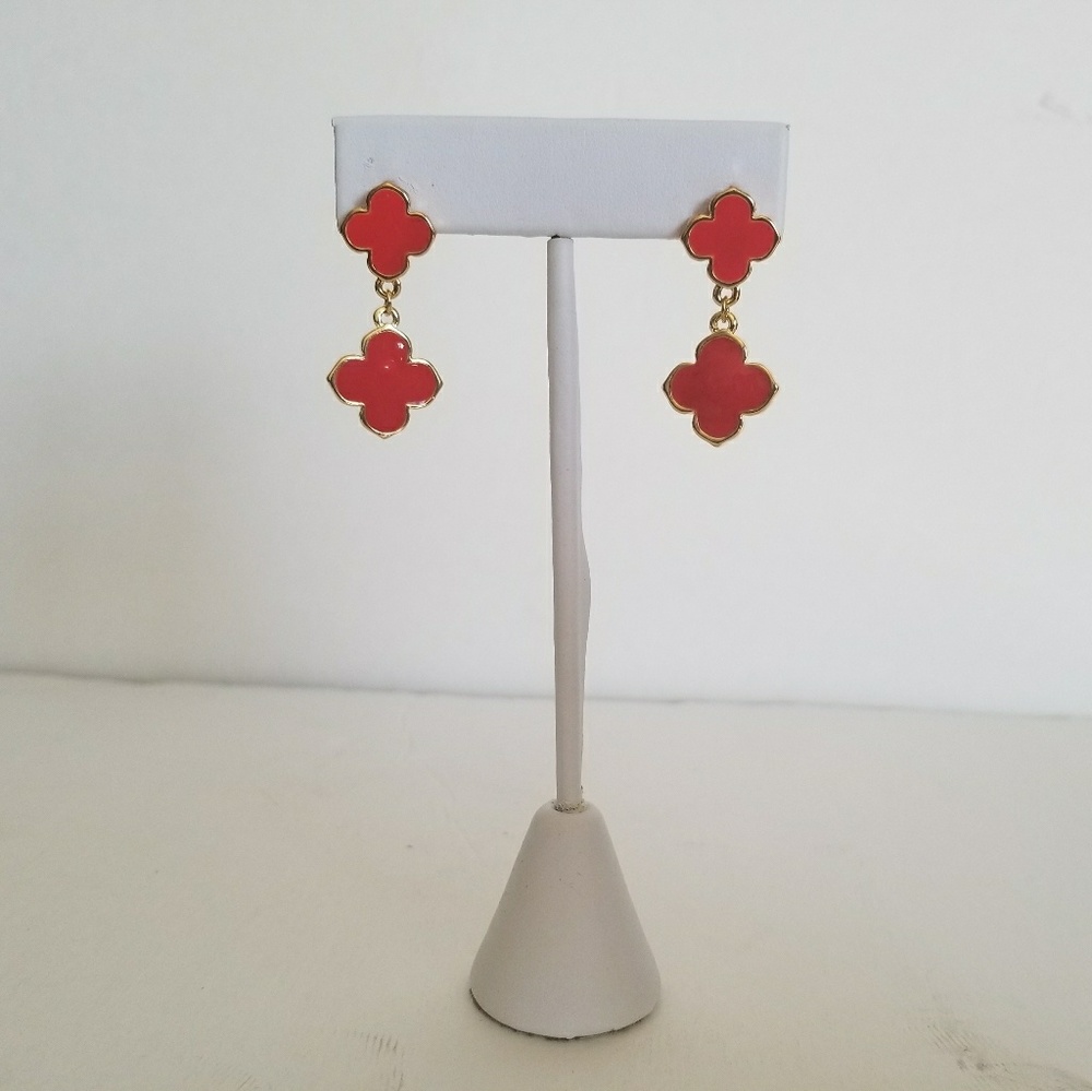 Gold clover earrings, red four leaf clover